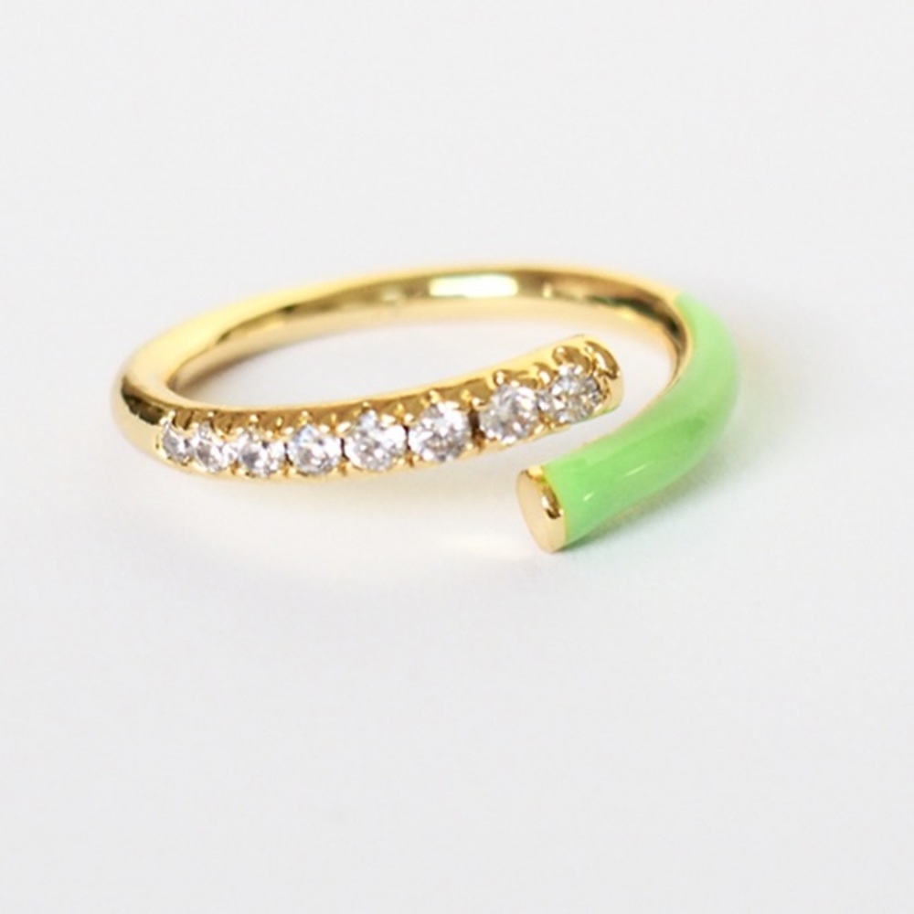 Neon green, gold, and rhinestone stackable fashion ring